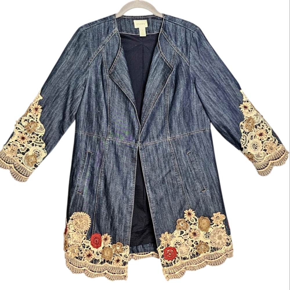 CHICO'S Denim Open Jacket Kimono Women's Floral Embroidered Blue Lace Size 8